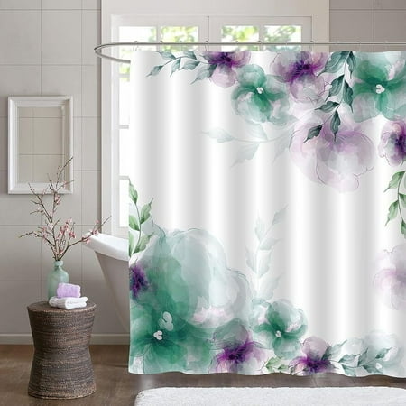 GusseaK Green Purple Floral Shower Curtain