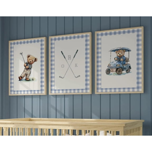 Boy Sports Nursery Golf Art s Blue Plaid Gingham Illustration Set 3 Unframed Paper Print 8x12