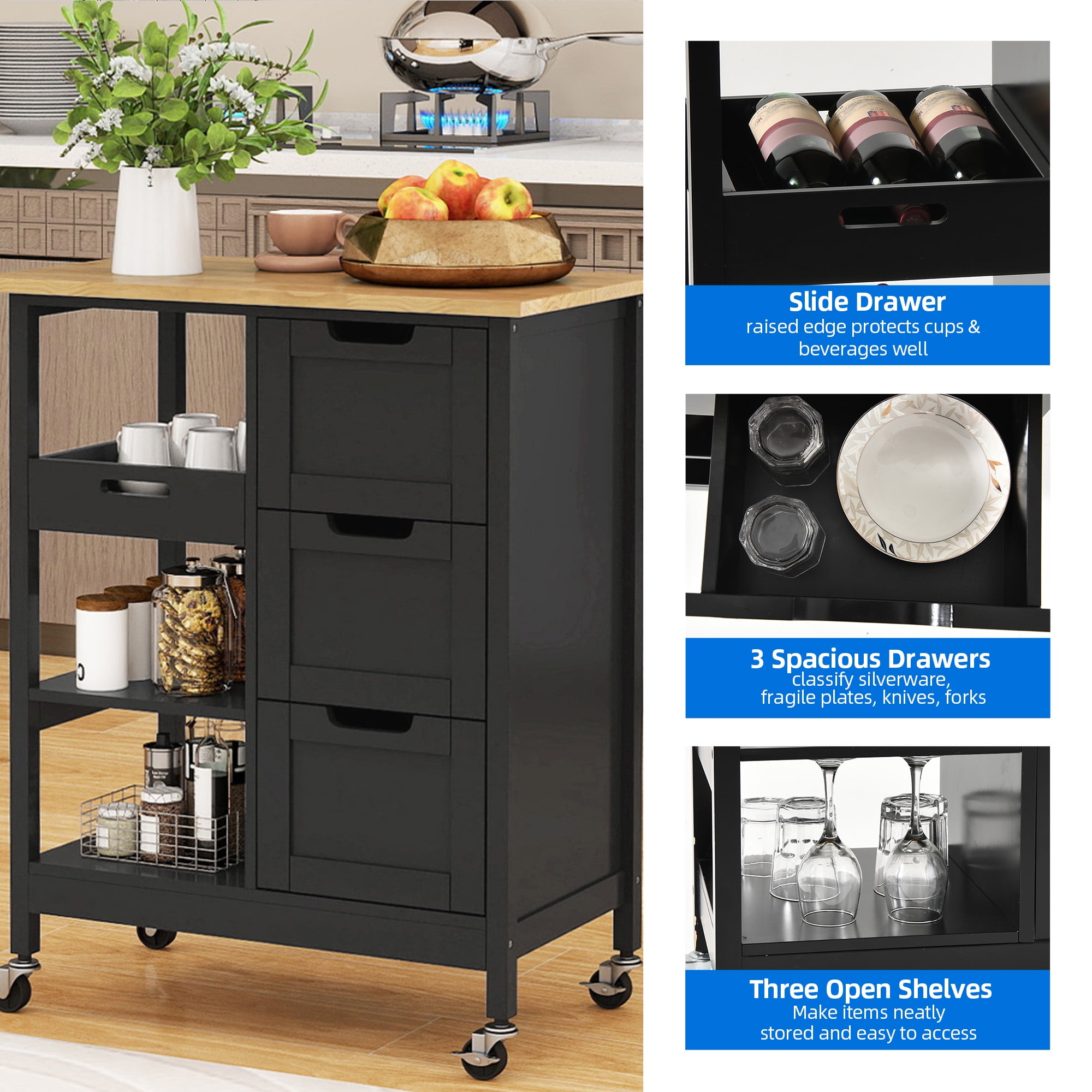 Dextrus Rolling Kitchen Island with Drawers, 3-Tier Kitchen Storage Cart with Shelves, Black