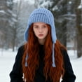 thumbnail image 2 of Winter Wool Knitted Hat Adjustable Drawstring Dual Purpose Earflap Hat and Knitted Bag Slouch Beanie Baggy Skull Cap Blue One Size, 2 of 4