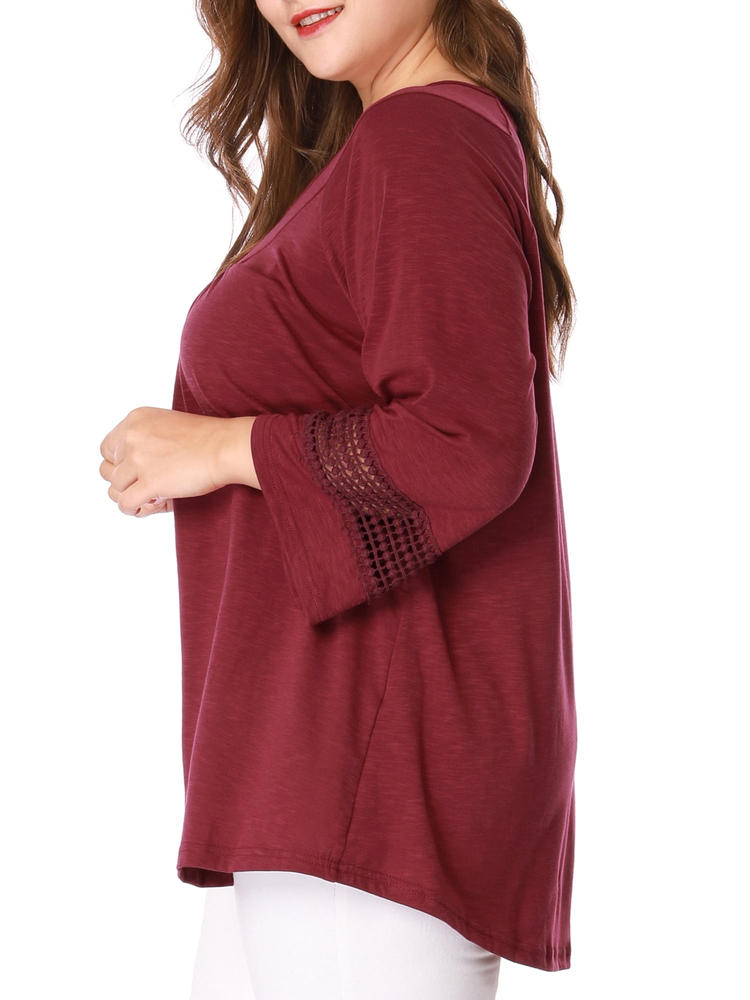 Unique Bargains Juniors' Plus Size Crochet Panel Kimono Raglan Sleeves Ruched Front Top Burgundy 4X