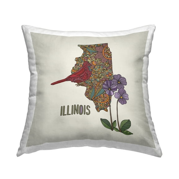 Stupell Industries Illinois State Bird & Flower Square Decorative Printed Throw Pillow, 18 x 18,