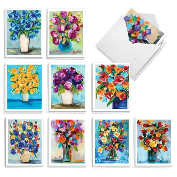 The Best Card Company 20 Assorted Blank Notecards Boxed Set 4 x 5.12 Inch with Envelopes (10 Designs, 2 Each) Bold Bouquets AM10345OCB-B2x10