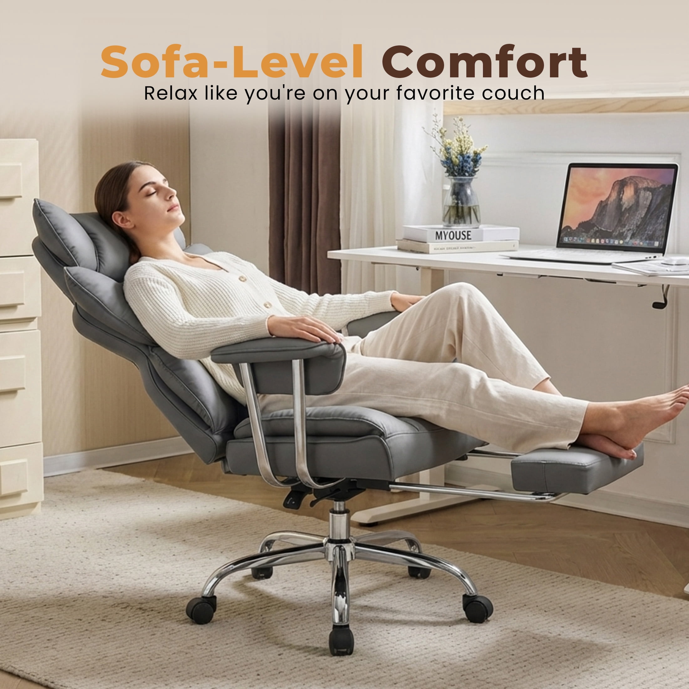 CONCETTA Ergonomic Big and Tall Office Chair, Scratch-Resistant PU Leather Executive Desk Chair with Spring Lumbar Support Gray