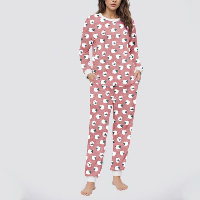 Conjunto de top y pantalones de poliéster con bolsillos largos y estampado de cuello redondo informal para mujer