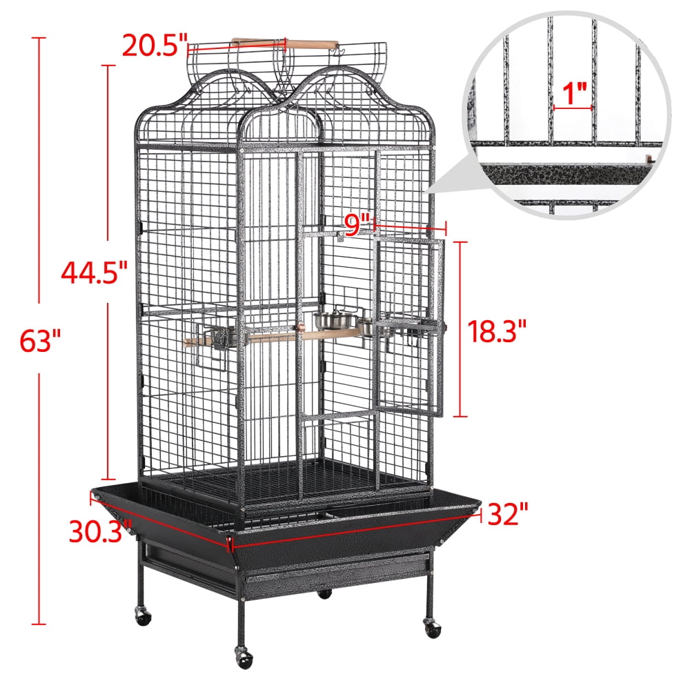 Alden Design 63" Large Parrot Cage with Open Playtop Metal Rolling Bird Cage for African Grey Parakeets, Cockatiels, Black