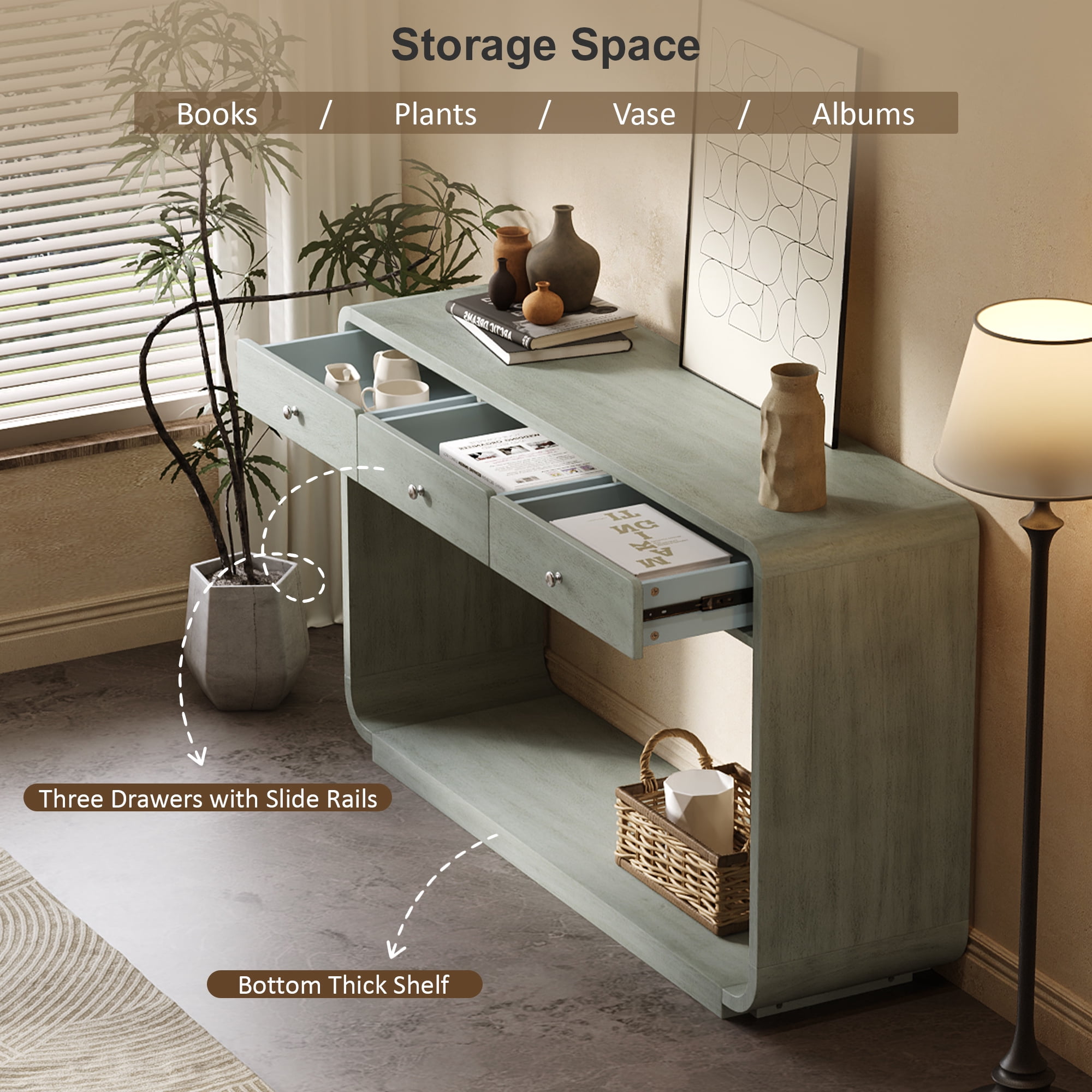 Euroco 55" Modern Console Table, Wood Entryway Table Hallway Table Sofa Table Behind Couch with 3 Drawers,Storage Shelf & Curved Legs for Living Room,Sage Green