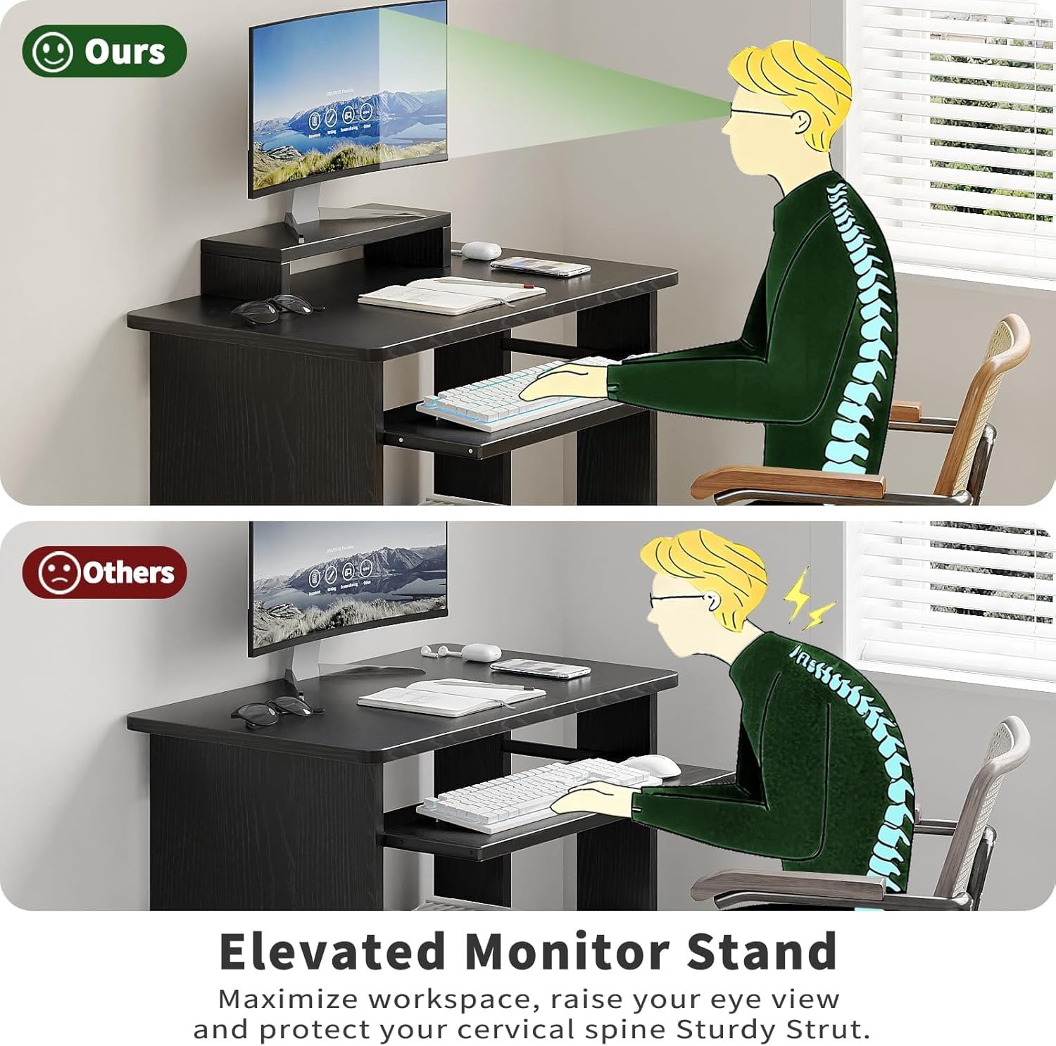 30" Small  Desk with Keyboard Tray  Stand, Study Writing Desk with Storage Shelves, Modern Workstation for Small Spaces, Save Space, Black A