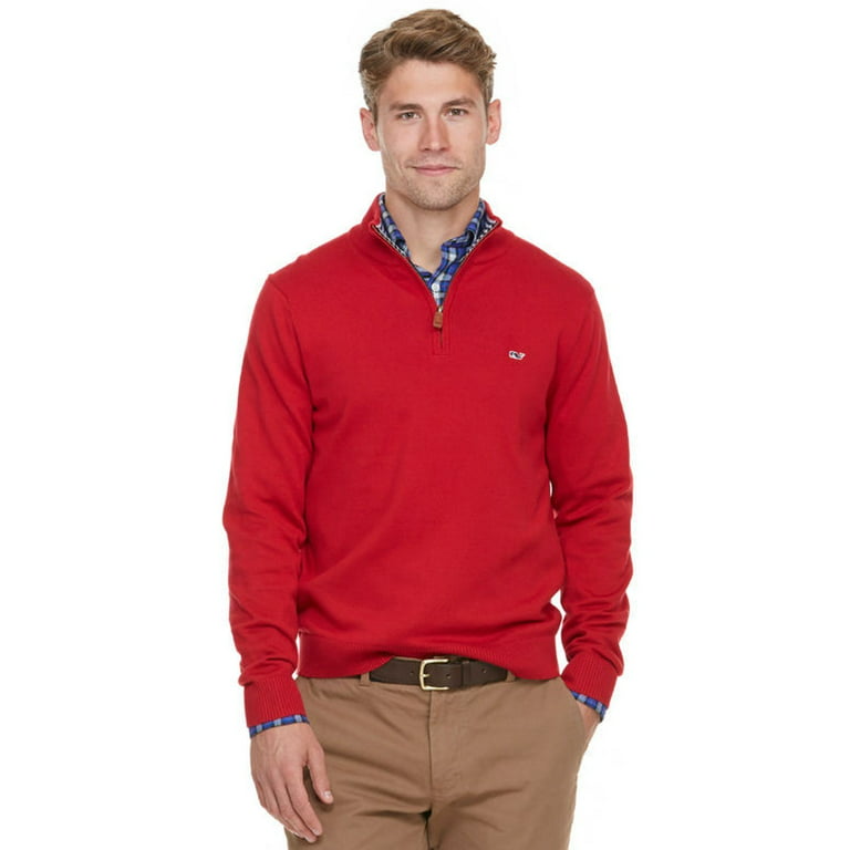 Men's Cotton Quarter Zip Sweater in Red Tomato Check $135.00[XS]