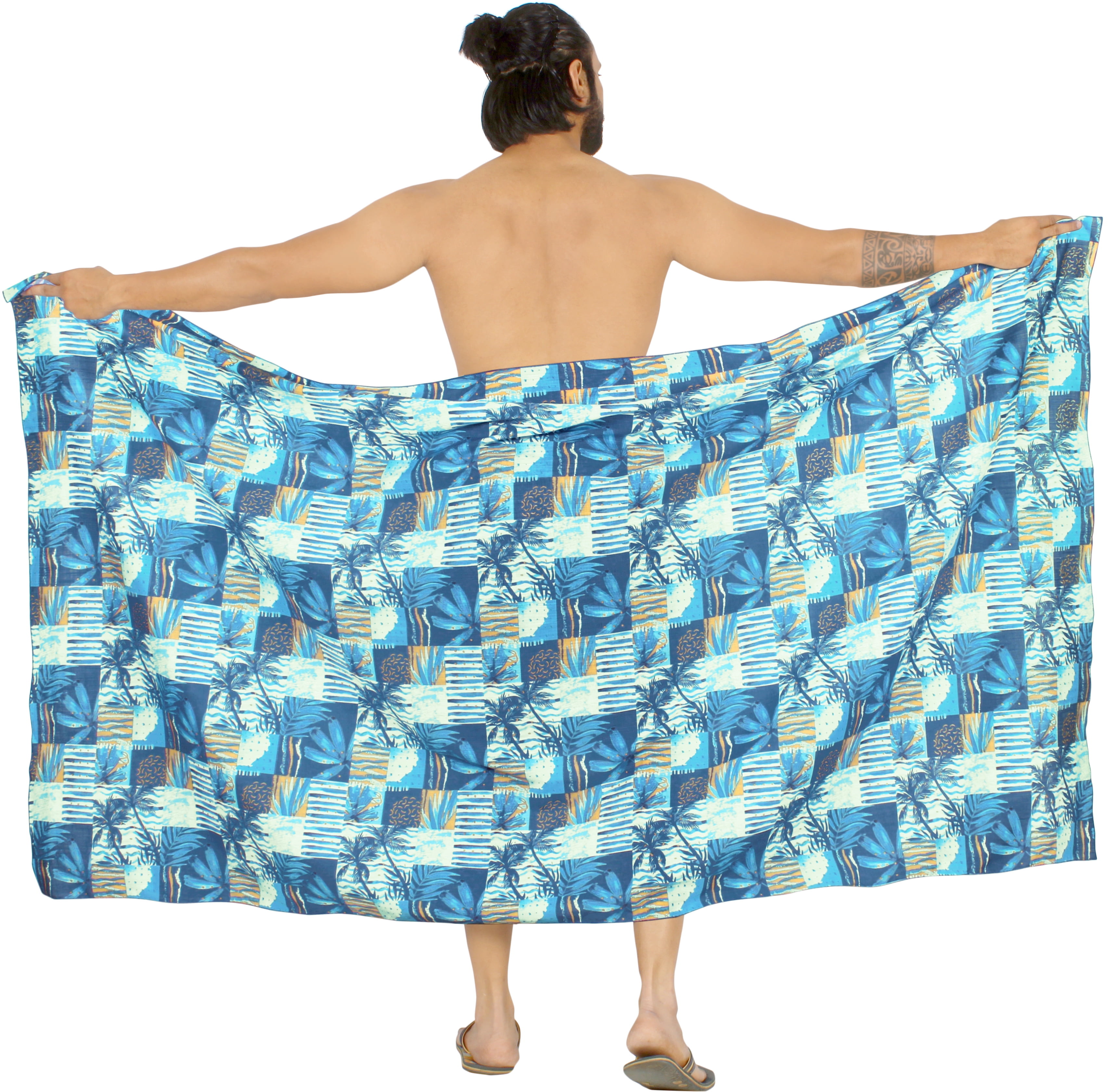 LA LEELA Men's Sulu Swimwear Samoan Cotton Linen Effect Pareo Beachwear  Wrap Swimsuits For Men One Size Cobalt, Geometric