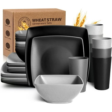 Teivio 32-piece Plastic Wheat Straw Square Dinnerware Set for 8, Unbreakable Dinner Plates, Salad Plates, Snack Bowls, Tumblers 20 oz, Dishwasher Safe, Gray Ombre