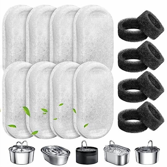 Cat Water Fountain Filters,8 Pack Pet Replacement Filters with 8 Sponges for Stainless Steel 67oz/2L,108oz/3.2L and 135oz/4.0L Faucet-Shaped Pet Water Fountain Dog Water Dispenser