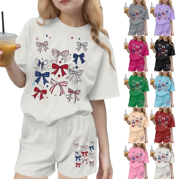 SGFCWSX Girls 2 Piece Outfits Kids 4th of July Oversized Summer Casual Short Sleeve T Shirt Graphic Print Elastic Waist Shorts Daily Wear White Size 9-10 Years
