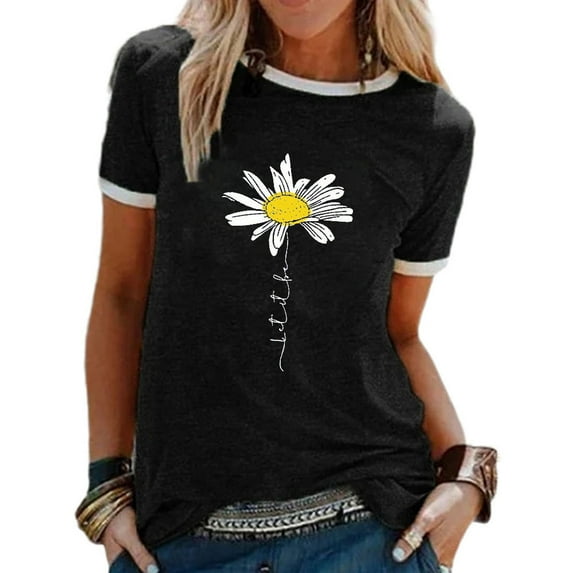 Sexy Dance Women's Summer Top Daisy Flower Print T Shirt Summer Casual Round Neck Short Sleeve Blouse T-Shirt Basic Tee