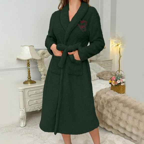 ylioge Fleece Robes for Women Long Sleeve Graphic Bathrobes with Pockets and Belt Thermal Warm Valentine's Day Gifts Homewear Bath Robe