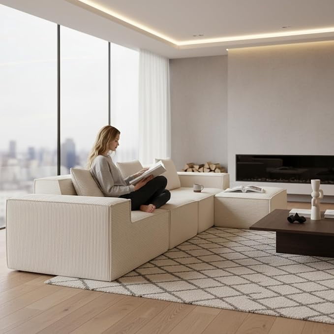US Pride Corduroy Sectional Couch with Ottoman & Pillows