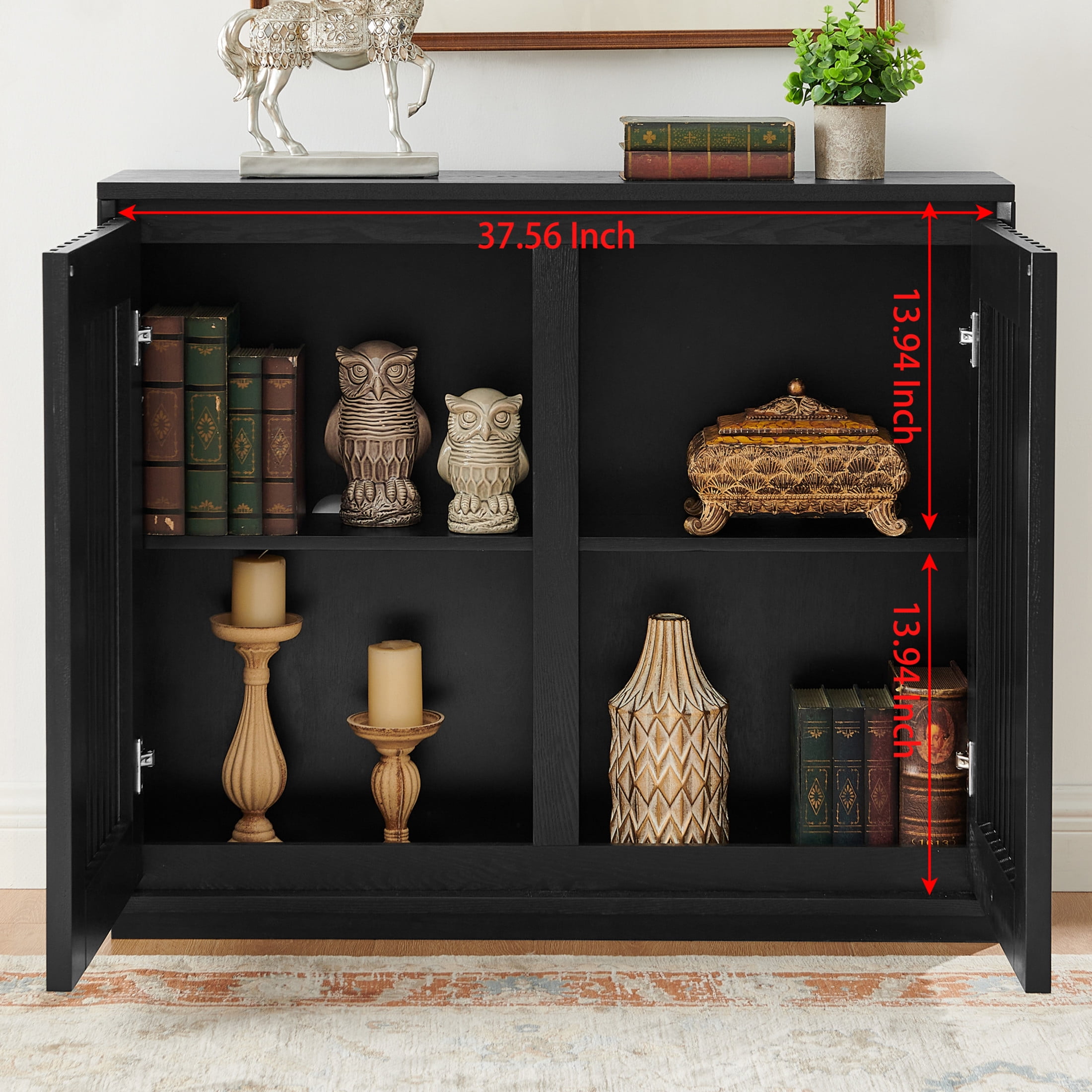 Noble House Mid-Century Fluted Sideboard Buffet Cabinet with Hollowed Solid Wood Doors, Adjustable Storage, Black