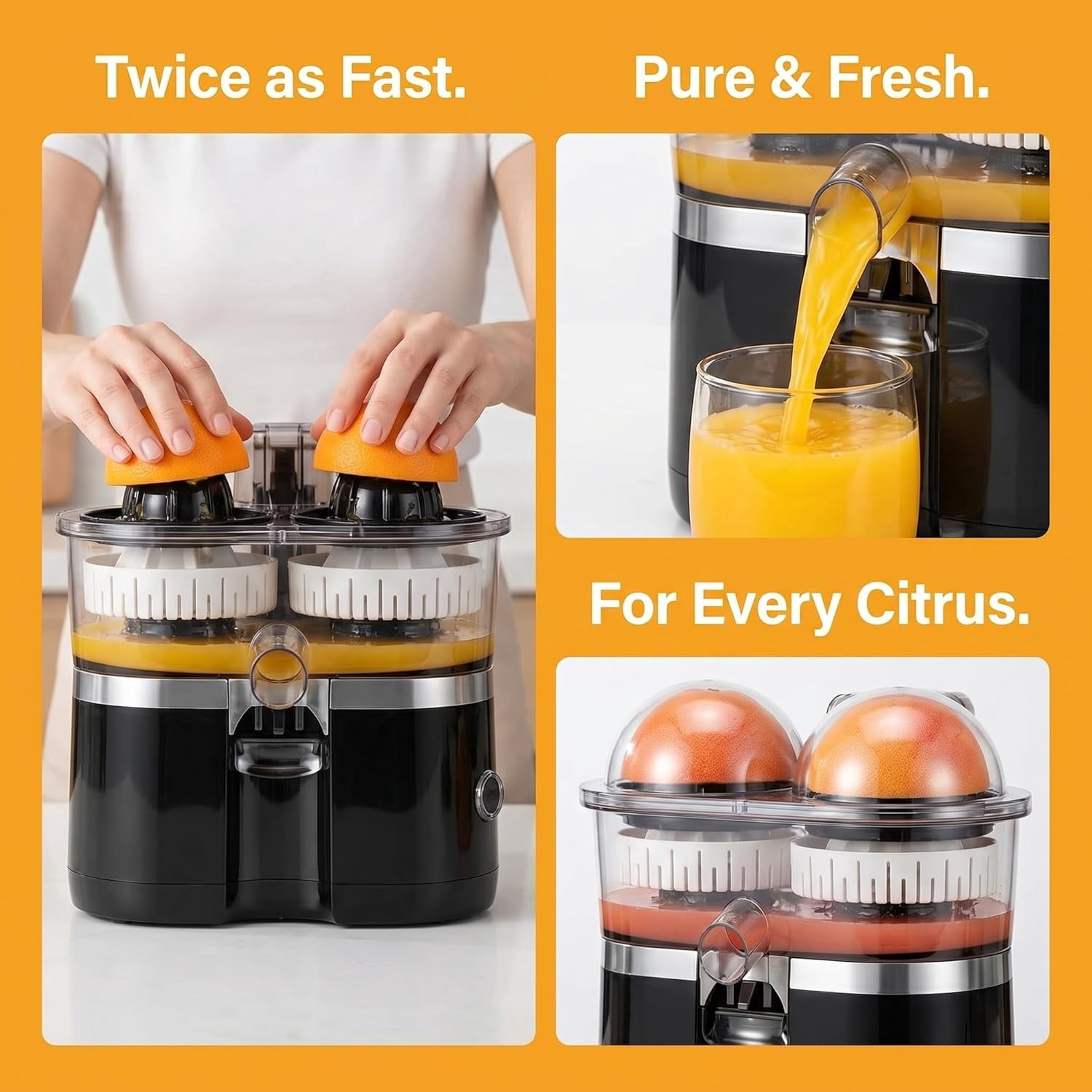 Dual-Head Automatic Citrus Juicer, Dual-Head Electric Citrus Juicer, Portable Lemon Squeezer Machine with Built-In Cutter and Cleaning Brush, One-Touch Squeezer for Orange & Lemon (#A)