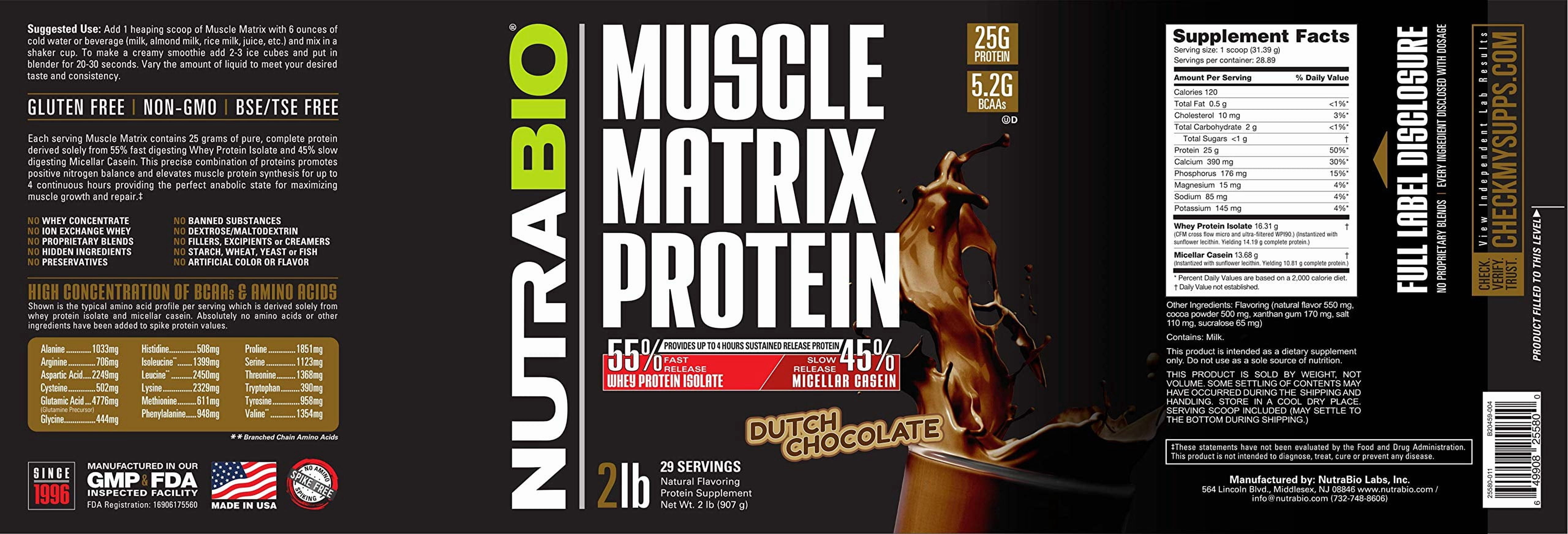 NutraBio Muscle Matrix Protein Powder - 25g of Protein Per Scoop - Whey Isolate and Micellar Casein Combo for Fast and Slow Release - Dutch Chocolate- 2 Pounds, 28 Servings