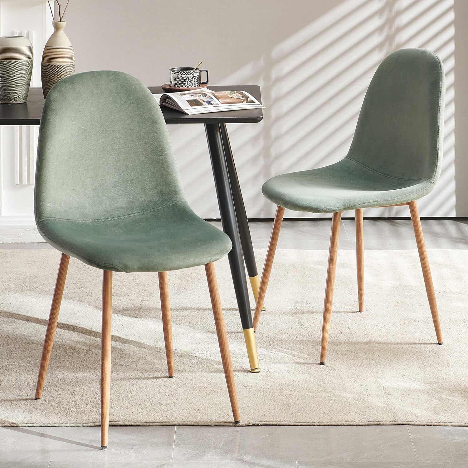 NORDICANA Modern Dining Chairs Set of 4, Green Velvet Kitchen Chairs, Upholstered Side Chairs with Faux Wood-Grain Metal Legs