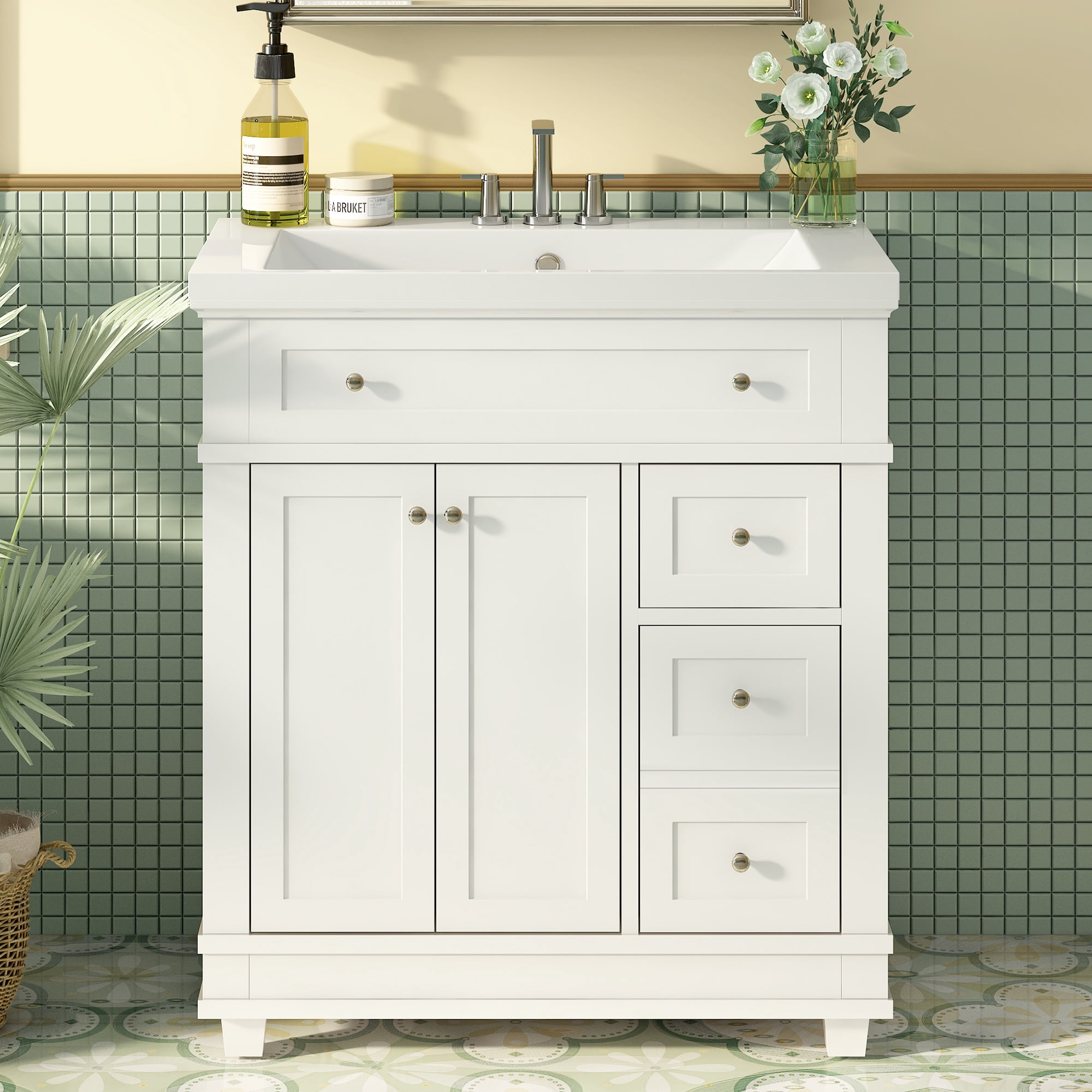 Euroco 30" Bathroom Vanity Cabinet with Sink Combo Set, Undermount Resin Sink, Free Standing Vanity Set with 2 Drawers& Soft Closing Doors, Solid Wood Frame Bathroom Cabinet, White