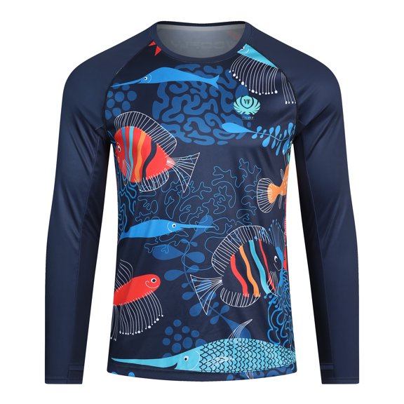 Mens Shirts Sun Shirts with Fish Printing and Long Sleeve, Moisture Wicking Mens Rash Guard UPF50 Shirt Breathable,Quick Dry Sun Protection Clothing Men for Hiking Running Fishing Blue L