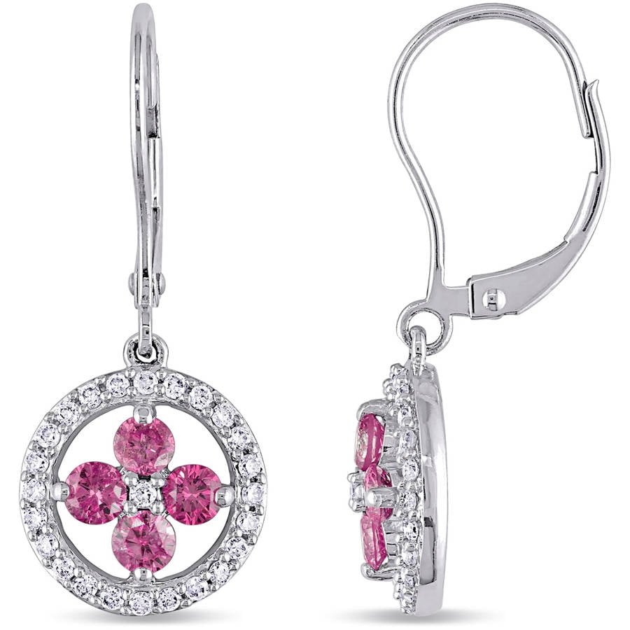 1 Carat T.W. Pink and White Diamond 14kt White Gold Cross Design Leverback Earrings by Generic