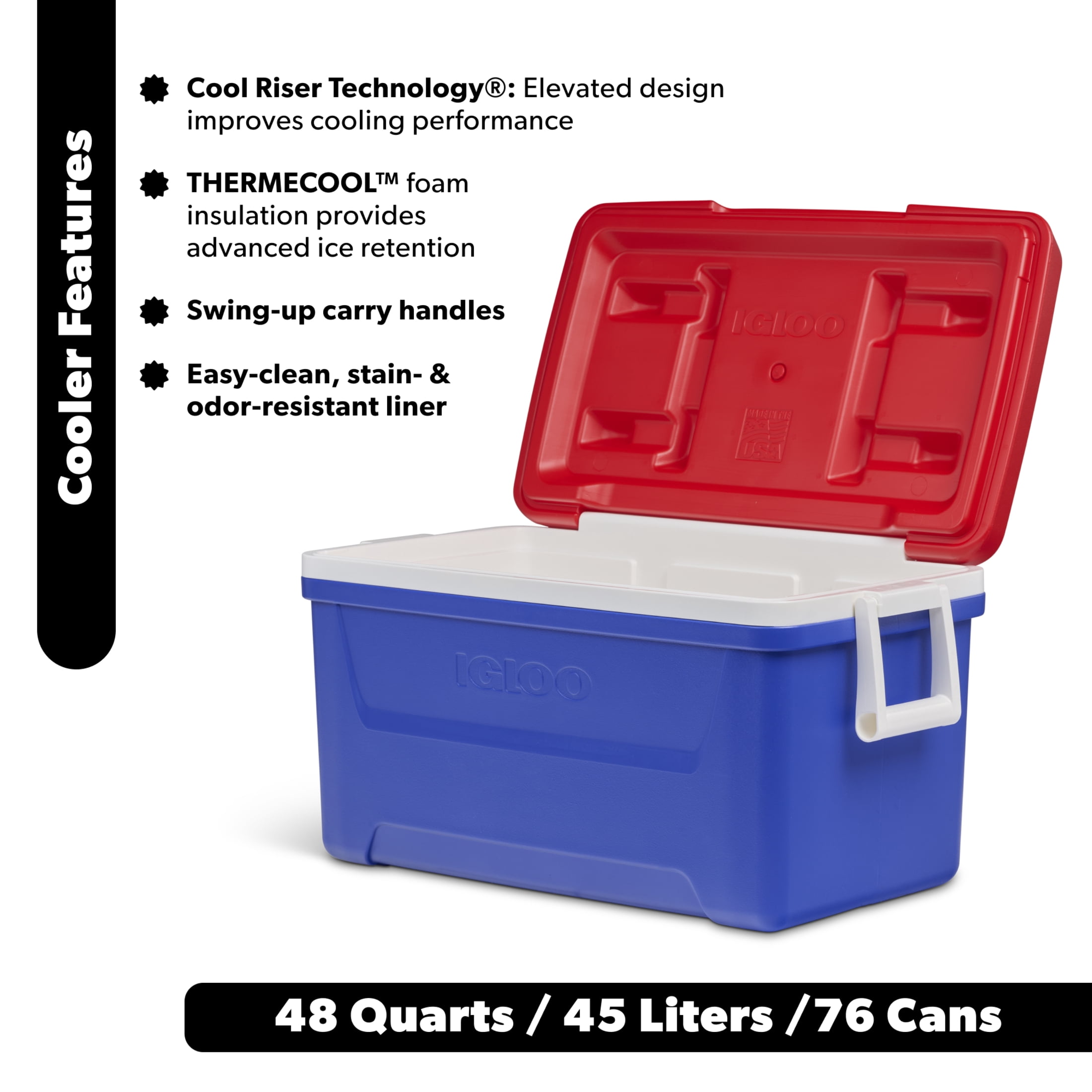 Igloo 48 QT Laguna Hard Sided Ice Chest Cooler, Blue Red and White