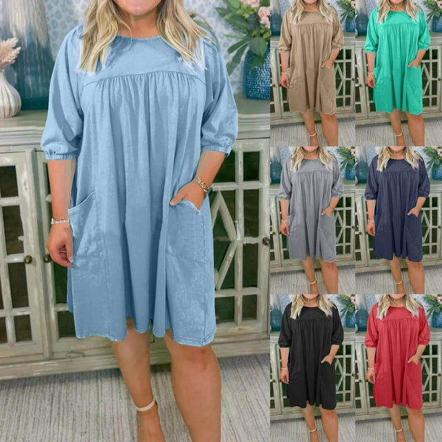 Sentmoon Robe Maxi Grande Taille à Manches Courtes à Col Rond Robe Soleil Grande Taille 2026 Été Couleur Unie Coupe Régulière Extensible Formelle Robes Formelles pour Femmes Invitée de Mariage Kaki G