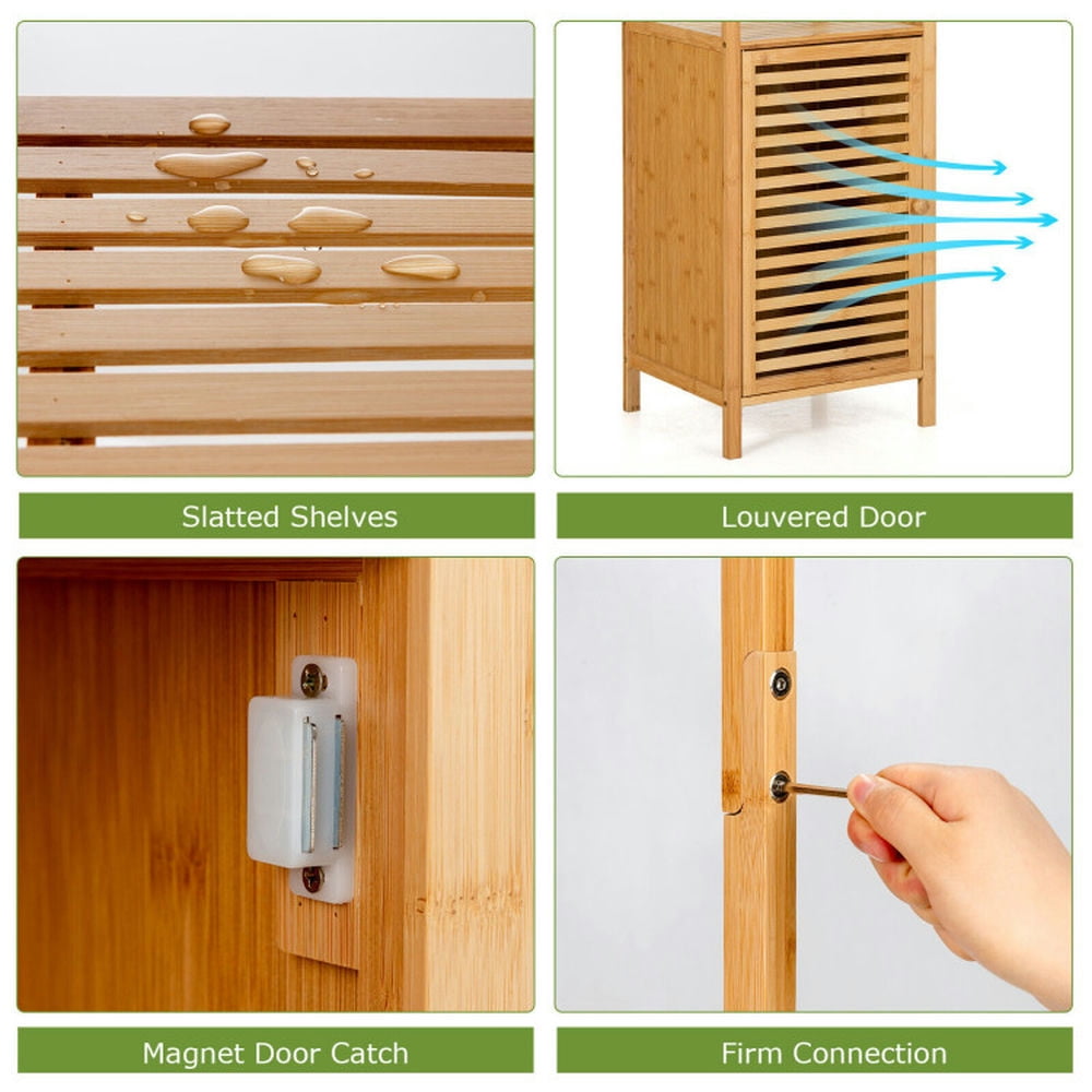 Finihen Storage Cabinet, Floor Cabinet, 4 Tiers Slim Bamboo Floor Storage Cabinet with Shutter Door and Anti-Toppling Device, for Bathroom, Living Room, Bedroom, Kitchen, Natural