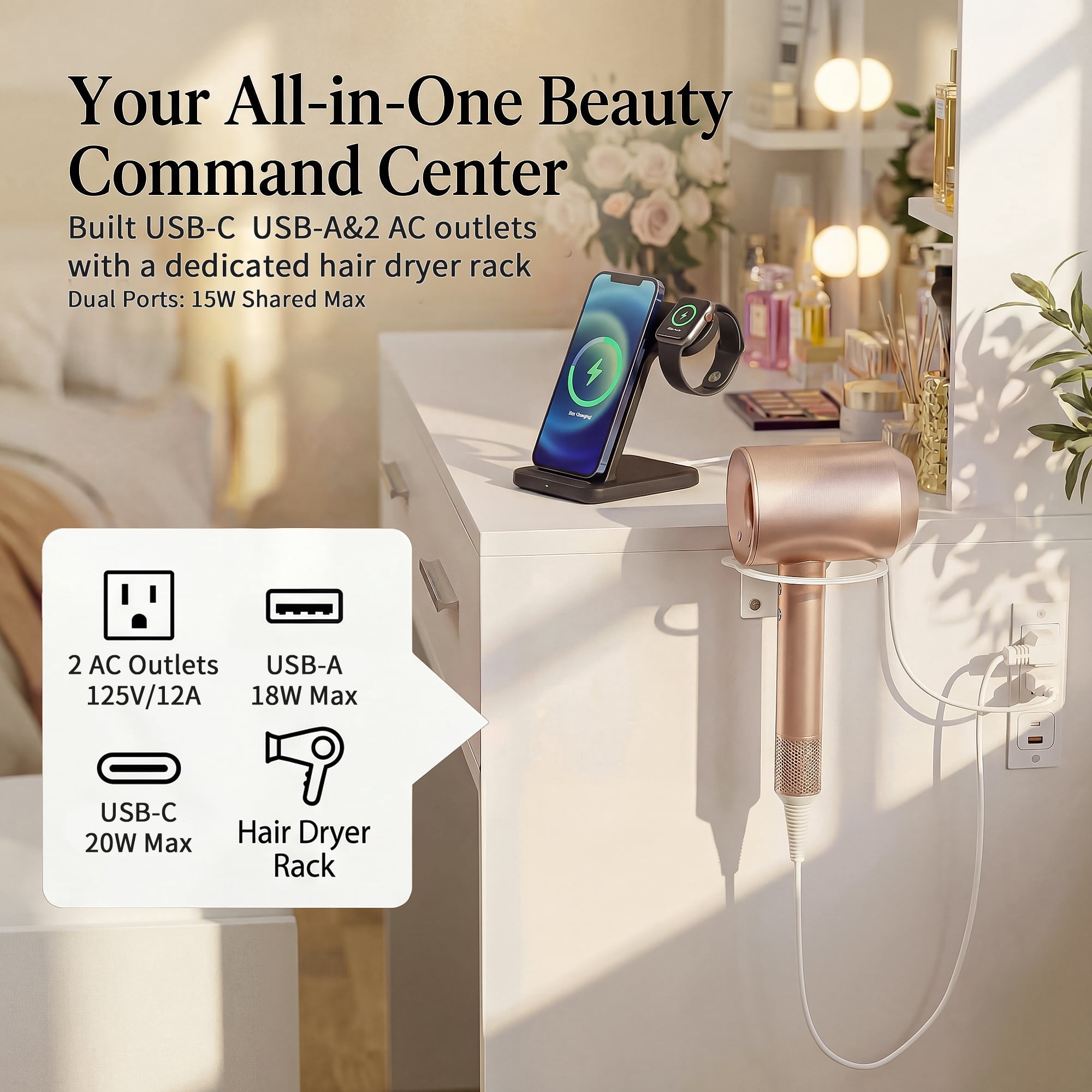 Homall Makeup Vanity Set with Mirror & Stool, Vanity Desk with LED Lights & Fast-Charging Outlet, Vanity Table for Bedroom Dressing Room, White