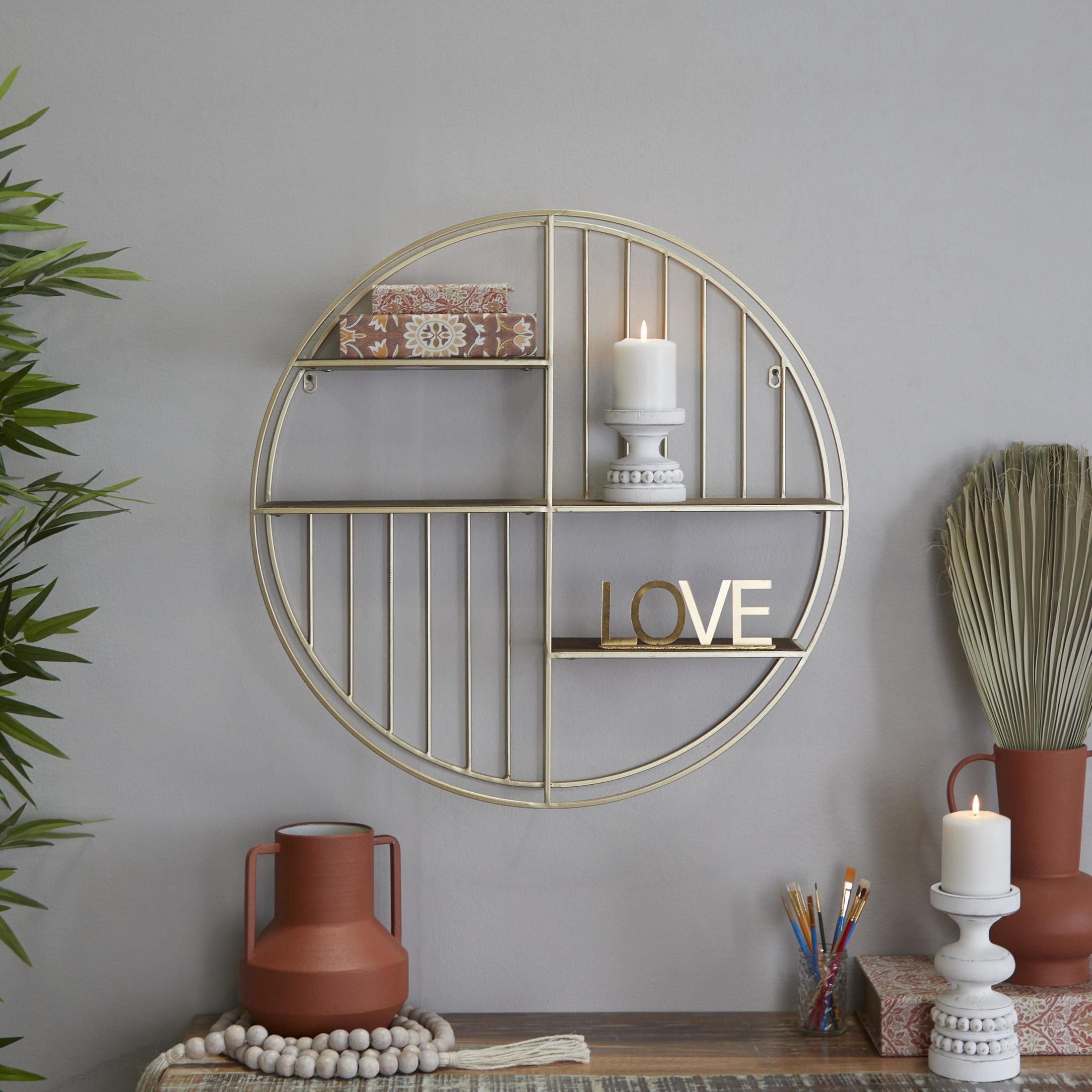 DecMode Gold Modern Iron Round Wall Shelf with Natural Brown Shelf Finish , 28"W x 28"H