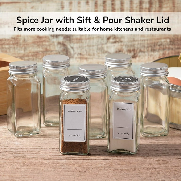 KAMOTA Glass Spice Jars, 36 Pcs 4oz Empty Square Spice Bottles with Shaker Lids and Airtight Metal Caps - 662 Spice Labels Included