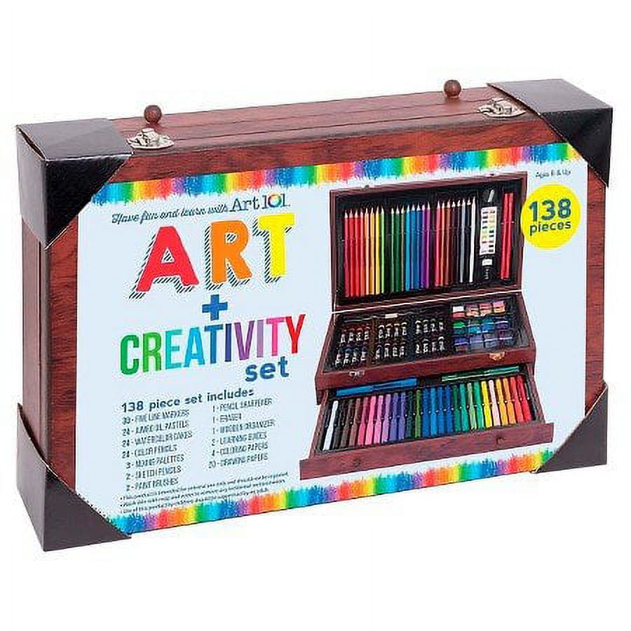 Complete Art and Creativity Set, 138 piece set, includes learning guides,  markers, pastels, watercolor, brushes, pencils, brushes, mixing palettes,  coloring and drawing paper, wooden organizer 