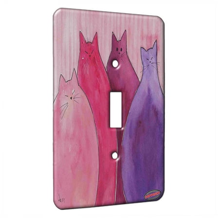 Berry Chutney - KuzmarK™ Single Gang Toggle Switch Wall Plate - Very Berry Chunky Kitties on Pink Stripes Abstract Cat Art by Denise Every