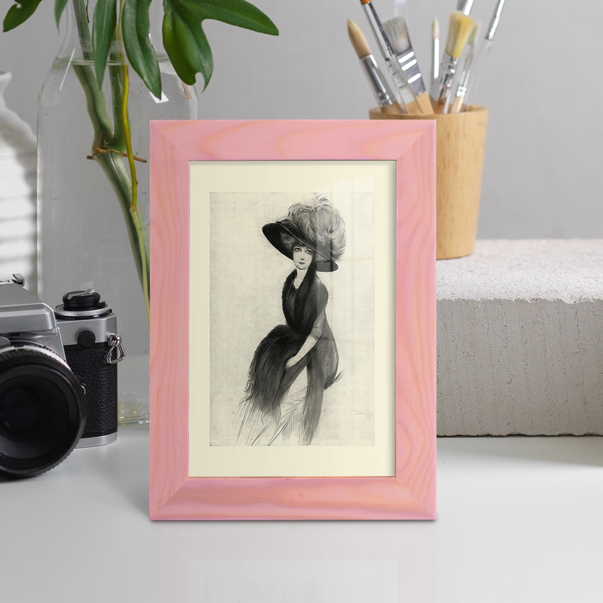 Feather Hat II -Framed Print w/glass-Sunset Pink