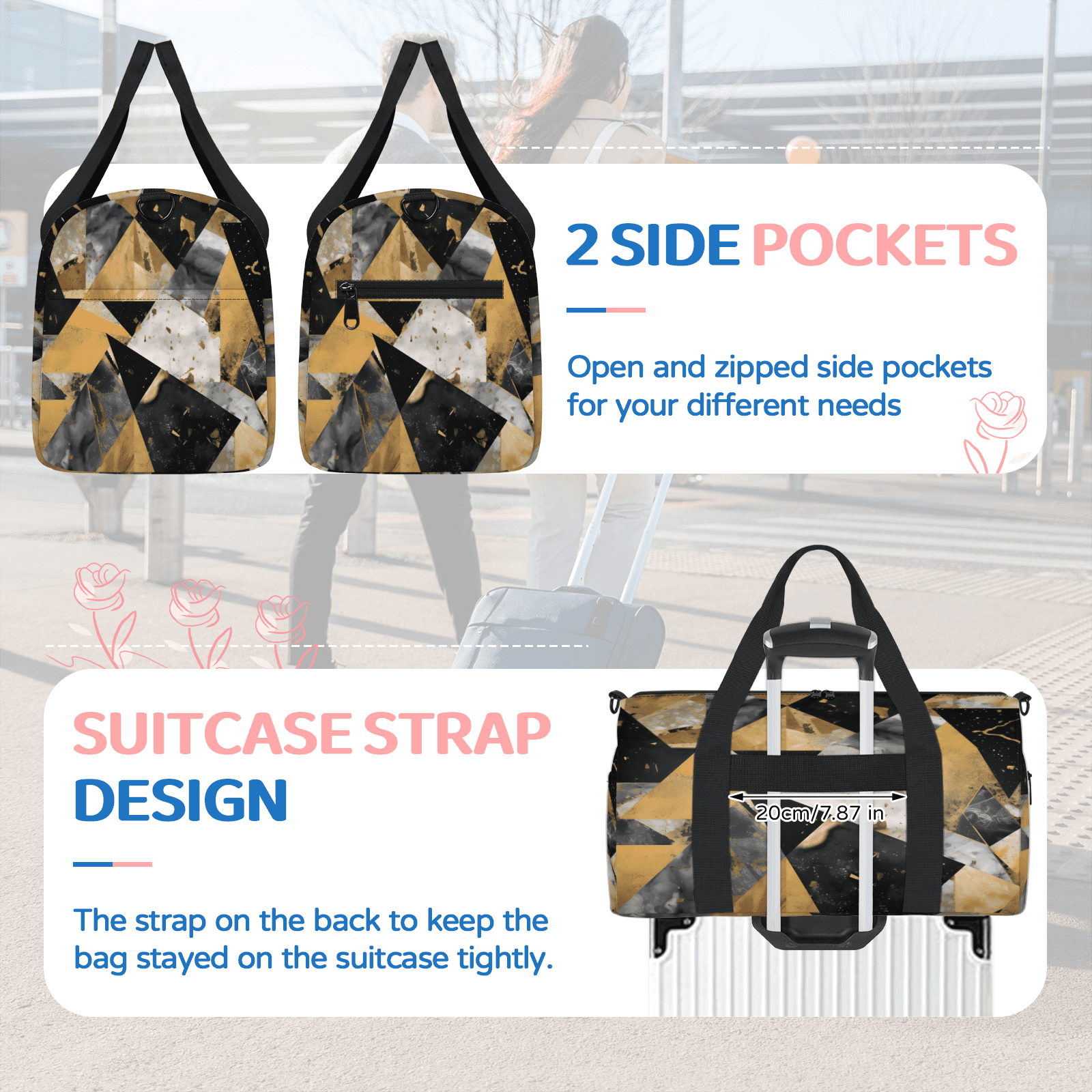 Herdesigns Black Gray Gold Marble Travel Duffle Bag Sports Yoga Weekender Overnight Carry on Workout Bags Lightweight Waterproof Gym Tote Bag for Women