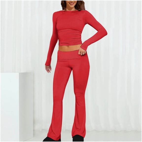 Homenesgenics 2-Piece Lounge Set Women Casual Solid Color Fitting Round Neck Top and Pants Long Sleeved Set Suit Red XL