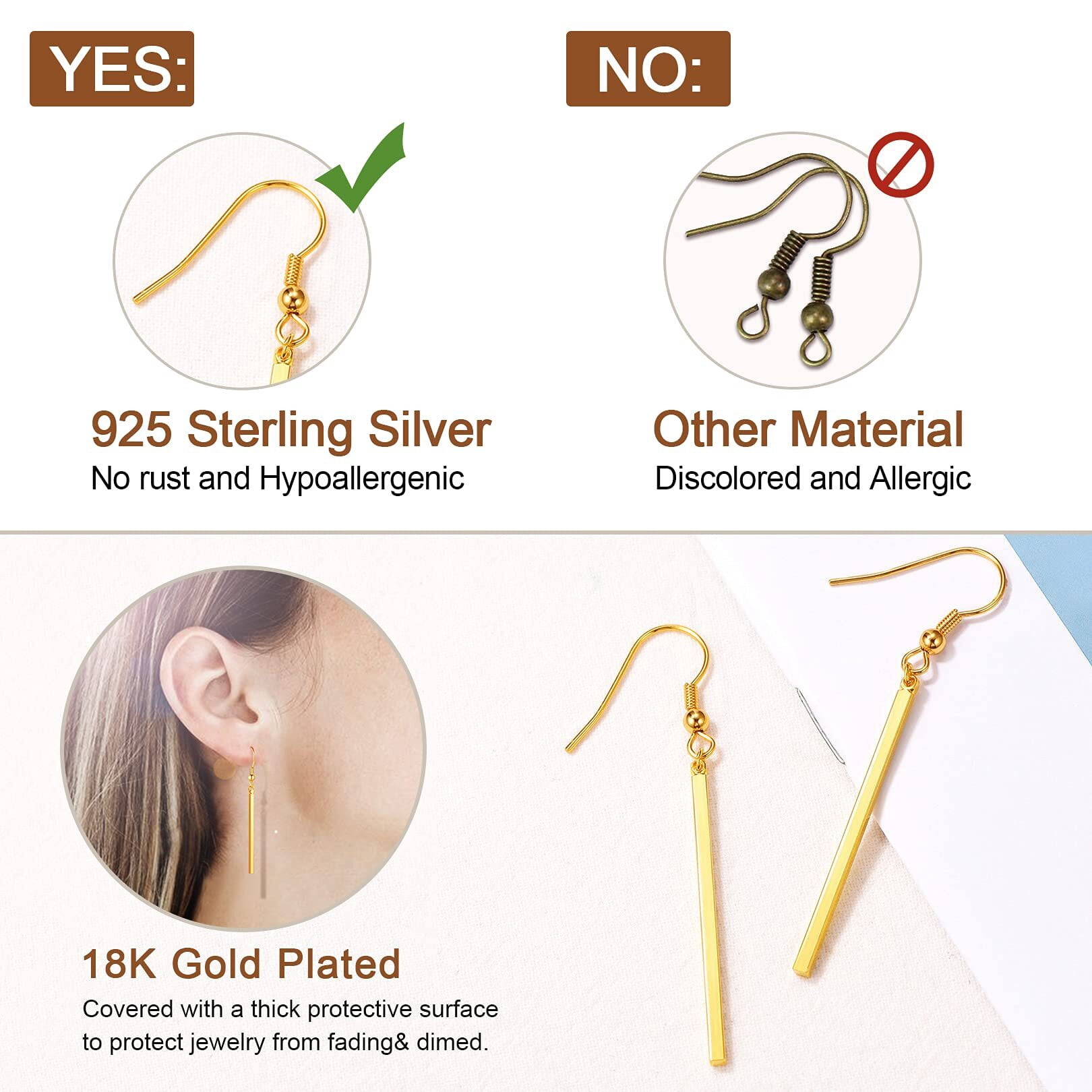 FOCALOOK Gold Plated Dangle Earrings for Women Hypoallergenic Minimal Long Thin Drop Dangling Vertical Bar Earrings