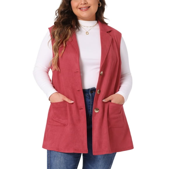 Agnes Orinda Women's Plus Size Utility Vest Notch Lapel Casual Suede Sleeveless Jacket 2X Red