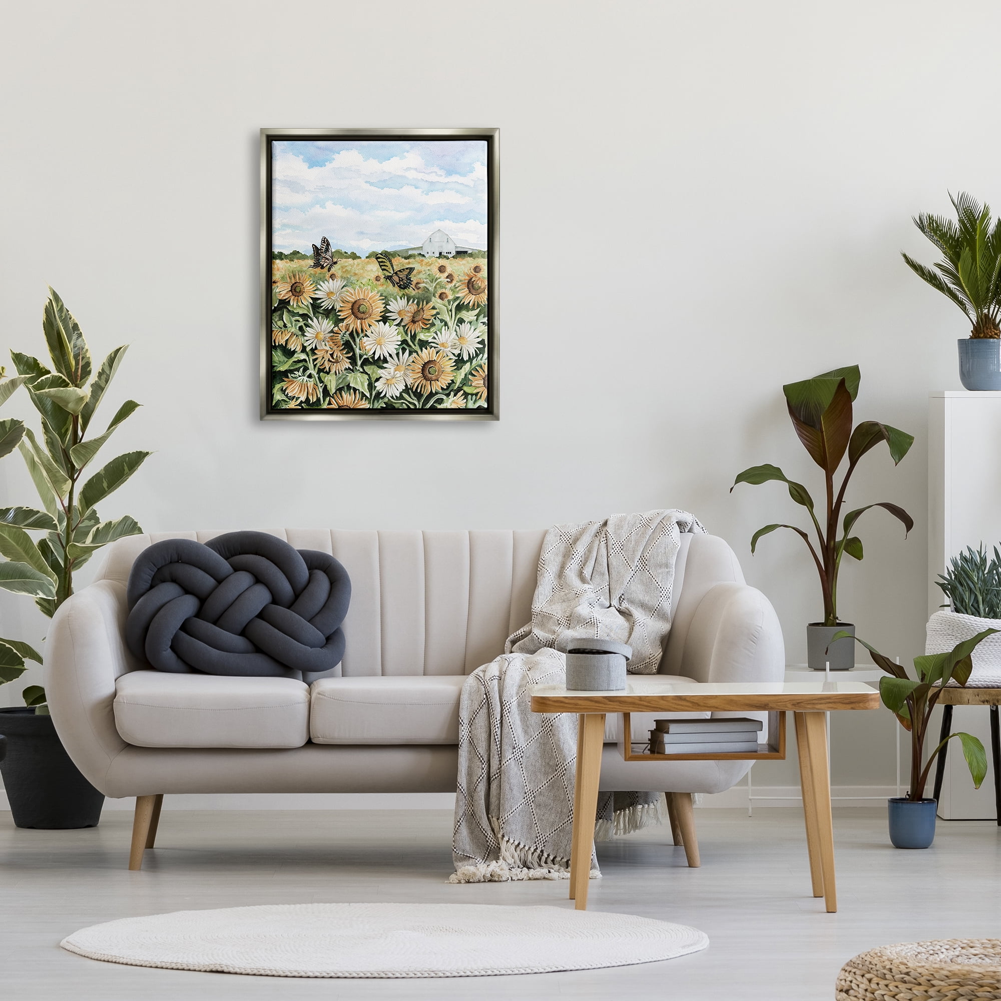 Stupell Industries Sunflower Garden with Butterflies Landscape Painting Gray Floater Framed Canvas Art Print Wall Art, 25 x 31