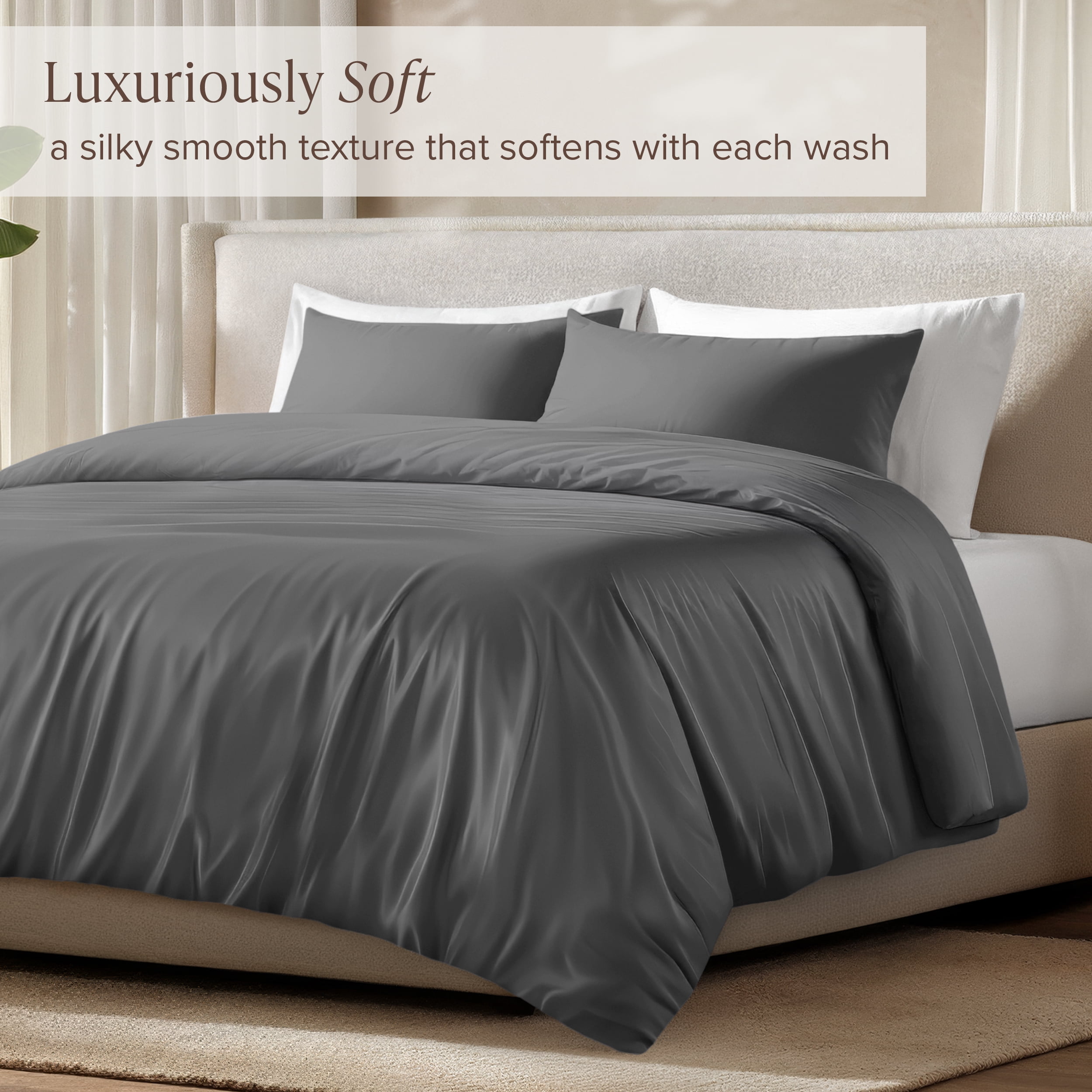 Bare Home Bamboo 3-Piece Duvet Cover Set - Made from Rayon Fibers - Soft, Cooling & Breathable - Full,Gray