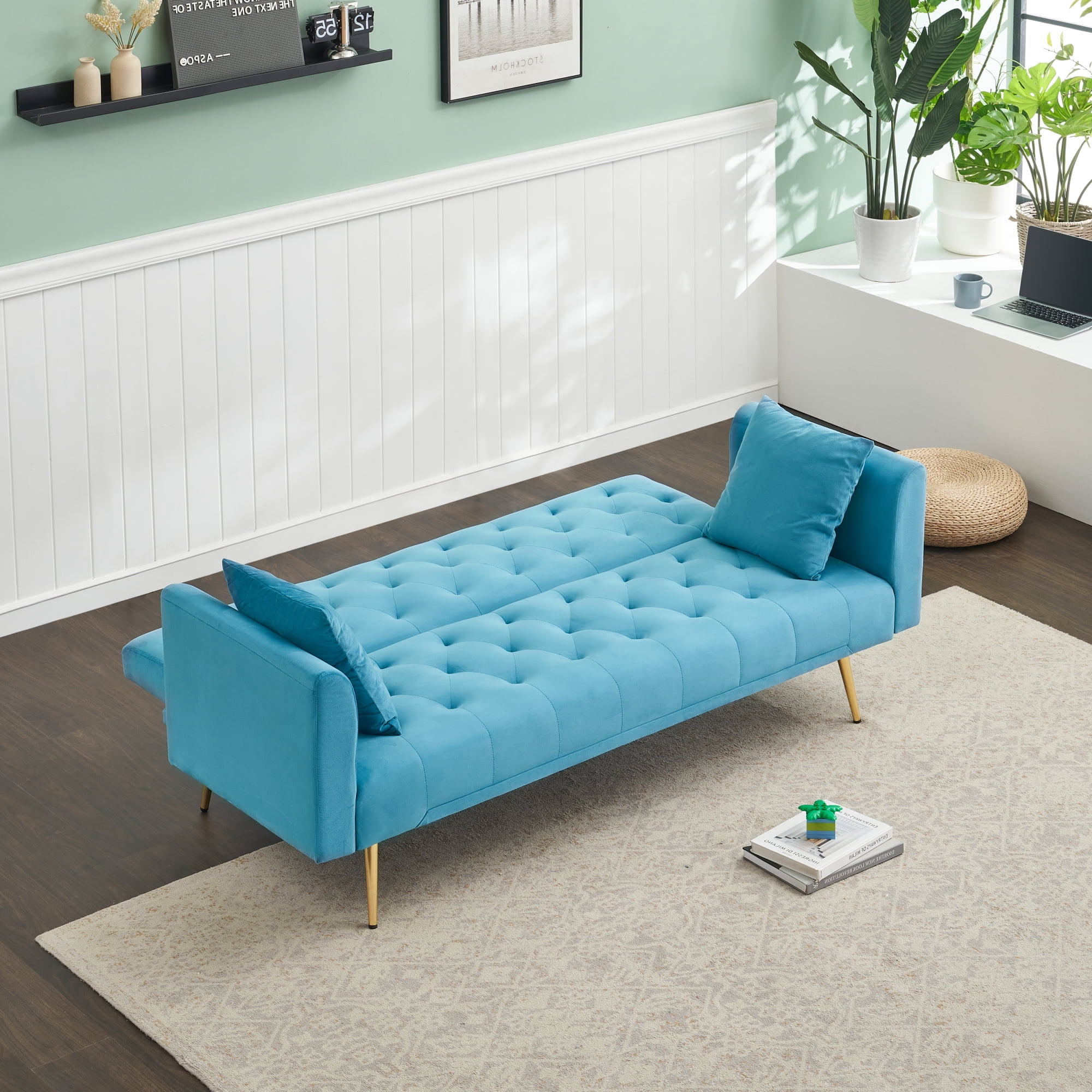 Leumius Velvet Futon Sofa Bed,Convertible Sleeper Couchwith Adjustable Backres & 2 Pillows for Small Spaces,Living Room,Light Blue