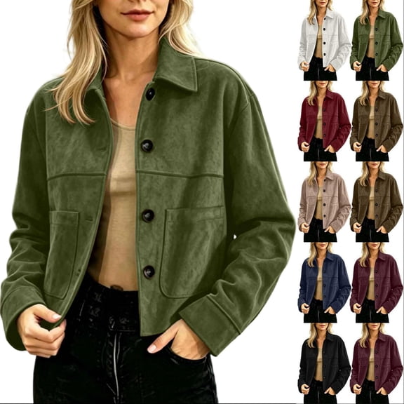 Tqcoqu Suede Jackets for Women,2026 Casual Button Down Cropped Jacket,Fall Long Sleeve Outerwear Coats Work Office Clothes