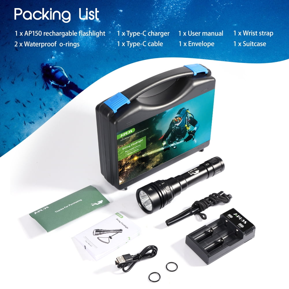APLOS AP150 Dive Light, 15000 Lumen, Underwater 492ft, Scuba Diving Flashlight with Rechargeable Batteries and Charger IPX8 Waterproof