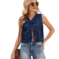 thumbnail image 3 of Camisetas Sin Mangas de Mezclilla con Lazo Frontal para Mujer, Camisetas Informales de Cuello Redondo Sin Mangas con Volantes para y Verano Azul Oscuro S, 3 of 10