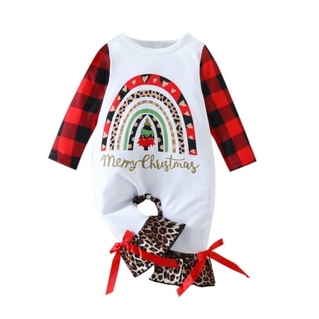 

Gwiyeopda Toddler Baby Girl Christmas Romper Long Sleeve Rainbow/Letter Print Jumpsuit Flare Pants