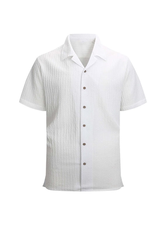 Mens Short Sleeve Camp Collared Vertical Crinkle Texture Full Button Shirt, Loose Light Top for Beach Vacations White XXL