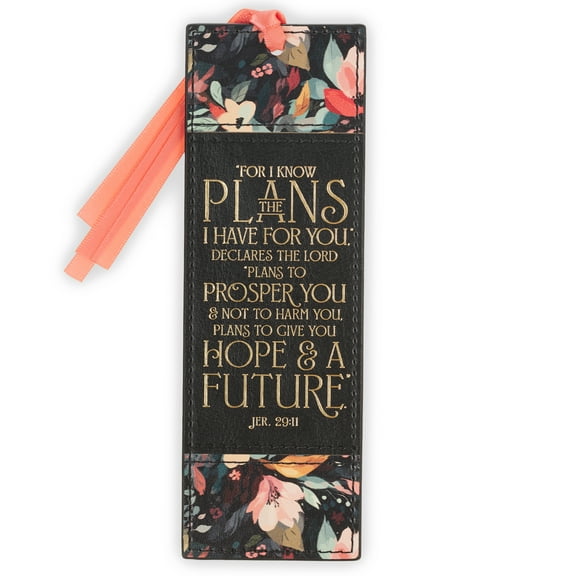 Christian Art Gifts Premium Inspirational Scripture Vegan Leather Women's Bookmark: I Know the Plans Encouraging Golden Bible Verse, Pink Satin Ribbon, Book Reading Accessory, Black Multicolor Floral