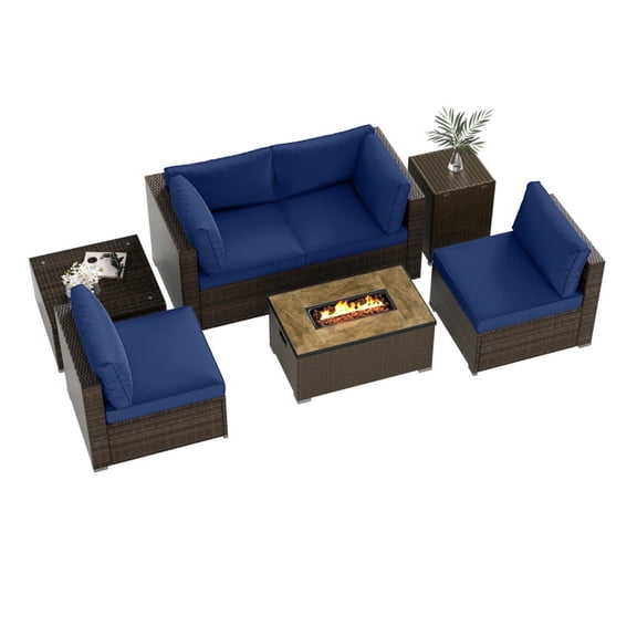 Biotree Patio Furniture Set 7 Piece Outdoor Sectional with 32 Inch Fire Pit Table and propane tank cover outdoor conversation set for garden backyard porch, Navy